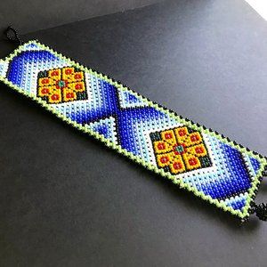 Mexican Huitchol Bracelet, Beaded Cuff, Artisan